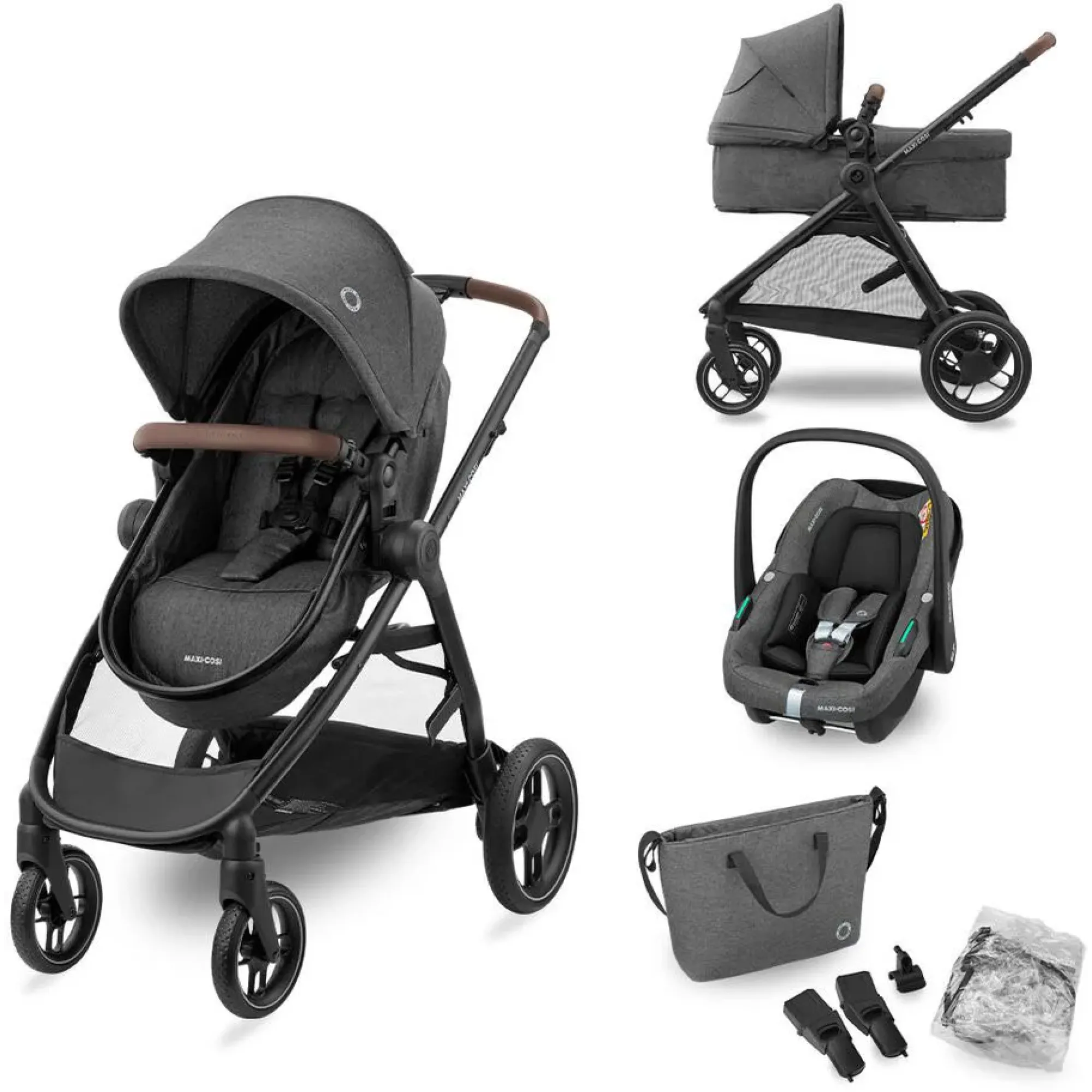 Коляска 3в1 Maxi-Cosi Zelia S Trio Dark Grey (Black Frame/Brown Leather + CabrioFix S i-Size + сумка)