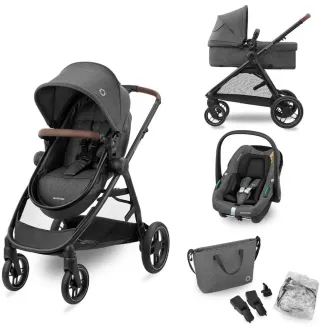 Коляска 3в1 Maxi-Cosi Zelia S Trio Dark Grey (Black Frame/Brown Leather + CabrioFix S i-Size + сумка)