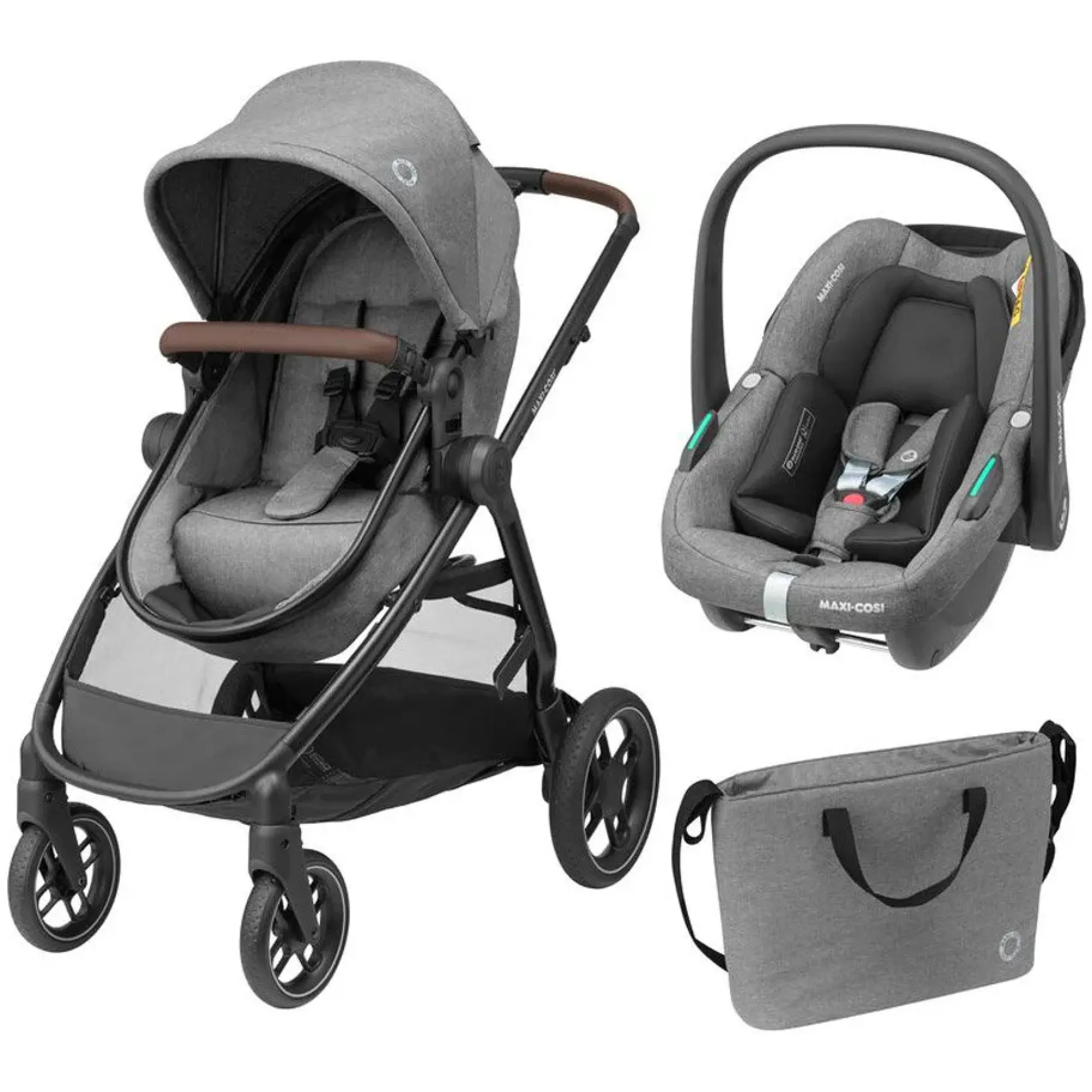 Коляска 3в1 Maxi-Cosi Zelia S Trio Grey (Black Frame/Brown Leather + CabrioFix S i-Size + сумка)