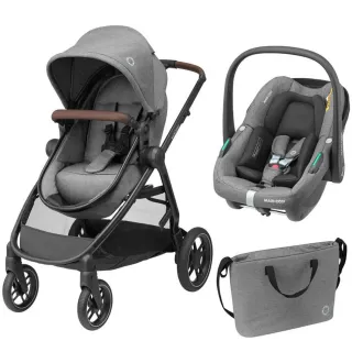 Коляска 3в1 Maxi-Cosi Zelia S Trio Grey (Black Frame/Brown Leather + CabrioFix S i-Size + сумка)