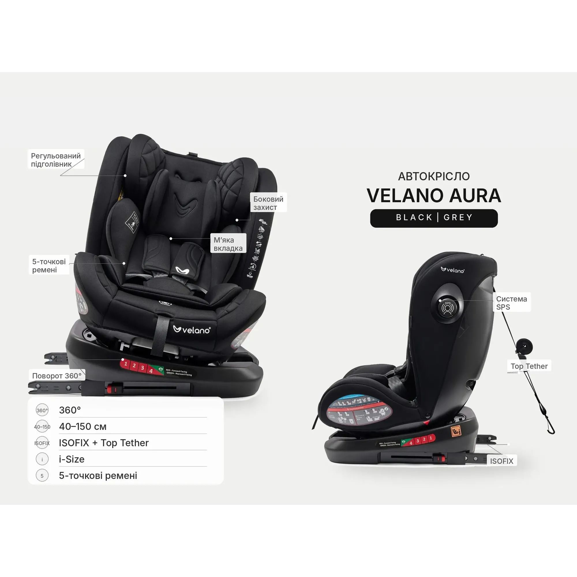 Автокрісло Velano Aura 360° i-Size 40–150 см ISOFIX Black